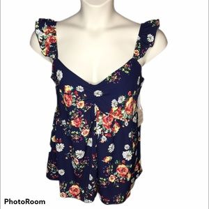 Navy Blue Floral Boho Tank Blouse 1X NWT